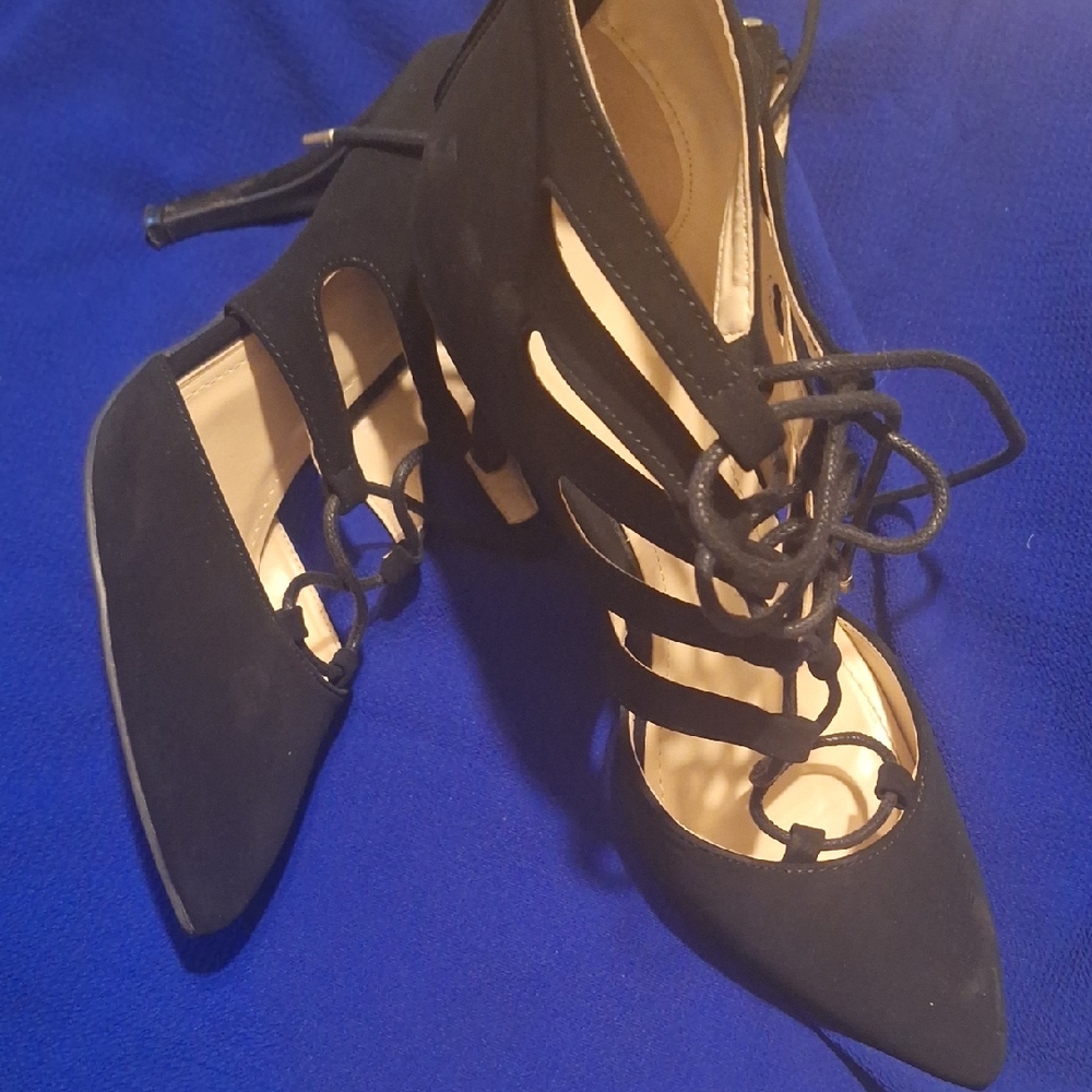 BAMBOO Black Strappy Lace-Up Heels